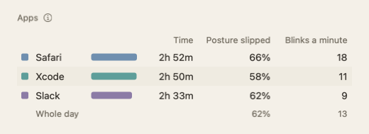 The Apps table of the day summary: app names with time, posture slipped and blinks a minute.