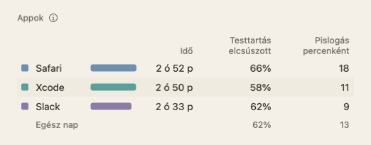 A napi összegzés Appok táblázata: appnevek az Idő, a Testtartás elcsúszott és a Pislogás percenként oszlopokkal.