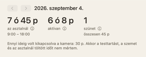 A napi összegzés teteje: három szám — az asztalnál, aktív, szünetek — és egy megjegyzés, hogy a kamera 30 percig ki volt kapcsolva.