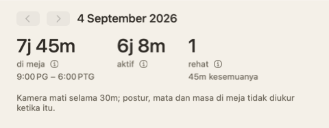Bahagian atas ringkasan hari: tiga angka — di meja, aktif, rehat — dan nota bahawa kamera mati selama 30 minit.