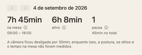 O topo do resumo do dia: três números — na mesa, ativo, pausas — e uma nota de que a câmera ficou desligada por 30 minutos.