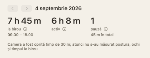 Partea de sus a rezumatului zilei: trei numere — la birou, activ, pauze — și o notă că timp de 30 de minute camera a fost oprită.