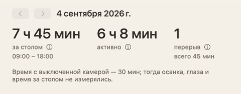 Верх сводки дня: три числа — за столом, активно, перерывы — и заметка о том, что камера была выключена 30 минут.
