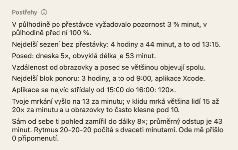 Oddíl Postřehy v souhrnu dne: pár krátkých vět o dni.
