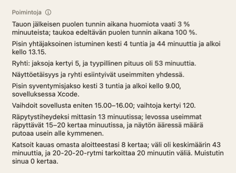 Päivän koosteen Poimintoja-osio: muutama lyhyt virke päivästä.