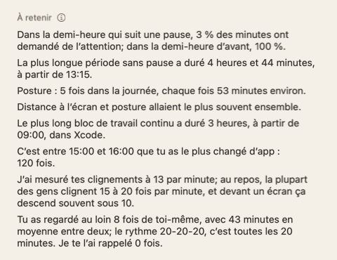 La section À retenir du résumé du jour : quelques phrases courtes sur la journée.