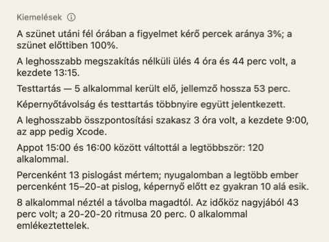 A napi összegzés Kiemelések része: néhány rövid mondat a napról.