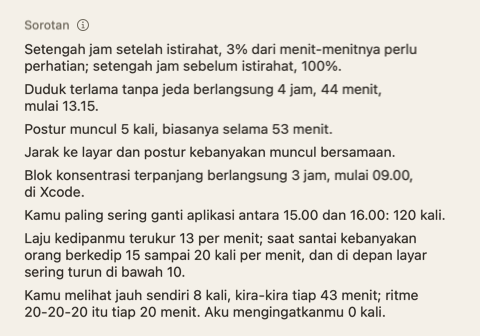 Bagian Sorotan di ringkasan hari: beberapa kalimat pendek tentang hari itu.