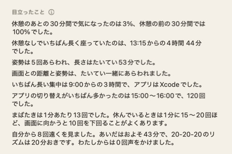 一日のまとめの「目立ったこと」。一日についての短い文がいくつか。