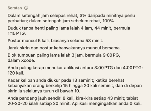 Bahagian Sorotan dalam ringkasan hari: beberapa ayat pendek tentang hari itu.