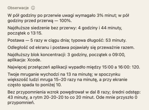 Sekcja Obserwacje w podsumowaniu dnia: kilka krótkich zdań o dniu.
