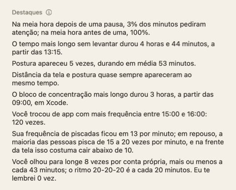 A seção Destaques do resumo do dia: algumas frases curtas sobre o dia.