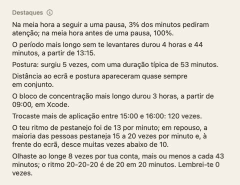 A secção Destaques do resumo do dia: algumas frases curtas sobre o dia.
