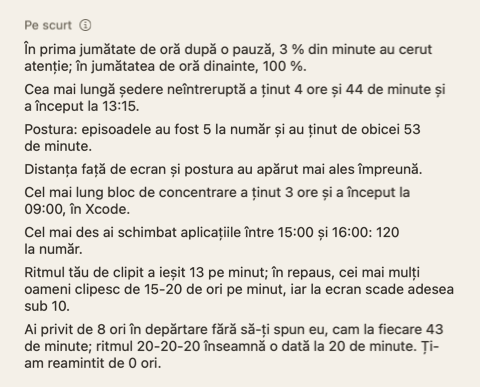 Secțiunea Pe scurt a rezumatului zilei: câteva propoziții scurte despre zi.