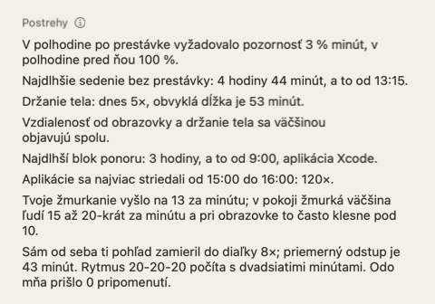 Časť Postrehy v súhrne dňa: pár krátkych viet o dni.