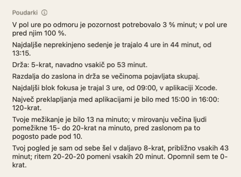 Razdelek Poudarki v povzetku dneva: nekaj kratkih stavkov o dnevu.