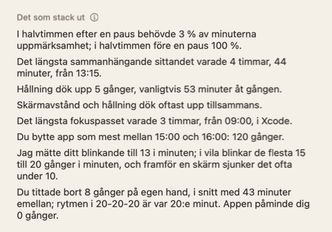 Avsnittet Det som stack ut i dagssammanfattningen: några korta meningar om dagen.