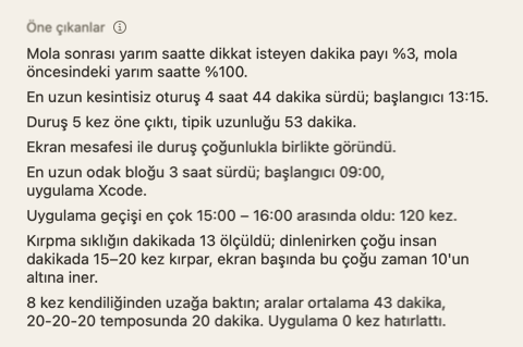 Gün özetinin Öne çıkanlar bölümü: gün hakkında birkaç kısa cümle.