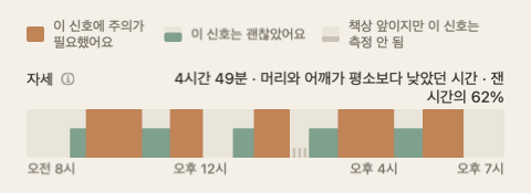 하루 요약의 자세 띠: 하루의 시간을 따라 초록색과 주황색으로 이어진 띠, 줄 이름 끝에는 합계.