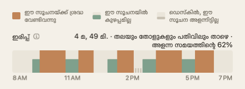 ദിവസ സംഗ്രഹത്തിലെ ഇരിപ്പ് പട്ട: ദിവസത്തിന്റെ മണിക്കൂറുകൾക്കൊപ്പം പച്ചയും ഓറഞ്ചും നിറങ്ങളിലുള്ള ഒരു പട്ട; ലേബലിന്റെ അറ്റത്ത് ആകെത്തുക.