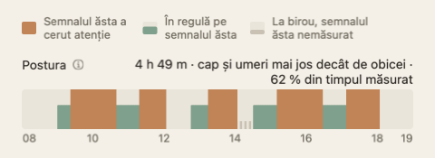 Banda posturii din rezumatul zilei: o fâșie de-a lungul orelor zilei, în verde și portocaliu, cu totalul la capătul etichetei.