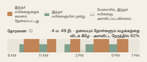 நாள் சுருக்கத்தின் தோரணைப் பட்டை: நாளின் மணி நேரங்களின் வழியே பச்சை, ஆரஞ்சு நிறத்தில் ஒரு பட்டை; அதன் பெயரின் முனையில் மொத்தம்.