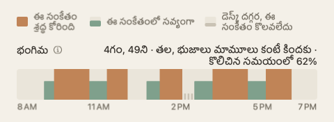రోజు సారాంశంలోని భంగిమ పట్టీ: రోజు గంటల వెంట ఆకుపచ్చ, నారింజ రంగుల్లో ఒక పట్టీ, లేబుల్ చివరన మొత్తం.