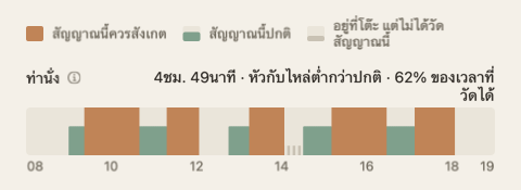 แถบท่านั่งของสรุปของวัน: แถบสีเขียวและสีส้มเรียงไปตามชั่วโมงของวัน มียอดรวมอยู่ท้ายป้ายชื่อ