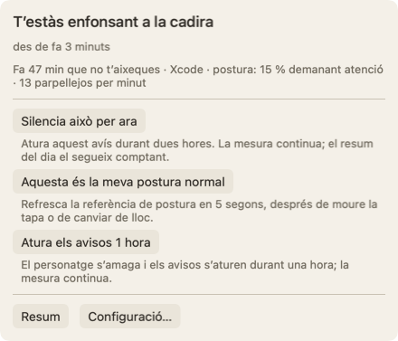 El panell que s’obre quan mous el punter sobre el personatge: el títol T’estàs enfonsant a la cadira des de fa 3 minuts, una línia sobre aquesta estona a la cadira, i el botó Silencia això per ara.