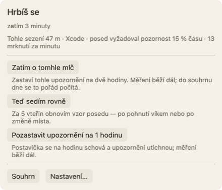 Panel, který se otevře, když na postavičku najedeš ukazatelem: nadpis Hrbíš se, zatím 3 minuty, řádek o tomhle sezení a tlačítko Zatím o tomhle mlč.