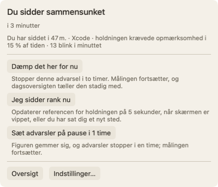 Panelet, der åbner, når du flytter markøren hen over figuren: overskriften Du sidder sammensunket i 3 minutter, en linje om, hvor længe du har siddet, og knappen Dæmp det her for nu.
