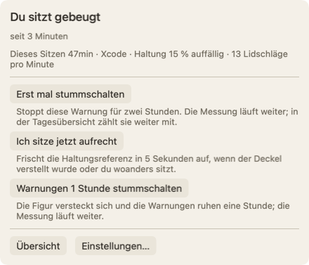 Das Panel, das sich öffnet, wenn du den Zeiger über die Figur bewegst: die Überschrift Du sitzt gebeugt, darunter seit 3 Minuten, eine Zeile zu diesem Sitzen und der Knopf Erst mal stummschalten.