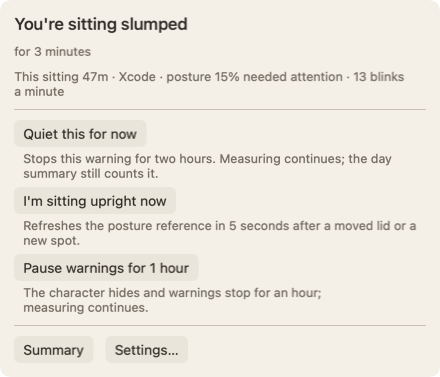 The panel that opens when you move the pointer over the character: the heading You're sitting slumped for 3 minutes, a line about this sitting, and the Quiet this for now button.