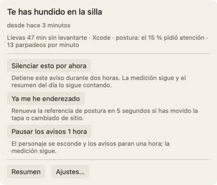 El panel que se abre al pasar el puntero sobre el personaje: el encabezado Te has hundido en la silla, desde hace 3 minutos, una línea sobre el rato que llevas sin levantarte y el botón Silenciar esto por ahora.