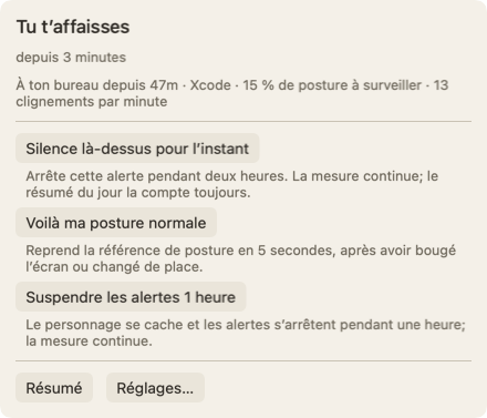 Le panneau qui s’ouvre quand tu passes le pointeur sur le personnage : le titre Tu t’affaisses depuis 3 minutes, une ligne sur le temps à ton bureau et le bouton Silence là-dessus pour l’instant.