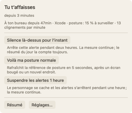 Le panneau qui s’ouvre quand tu passes le pointeur sur le personnage : le titre Tu t’affaisses depuis 3 minutes, une ligne sur le temps passé à ton bureau et le bouton Silence là-dessus pour l’instant.