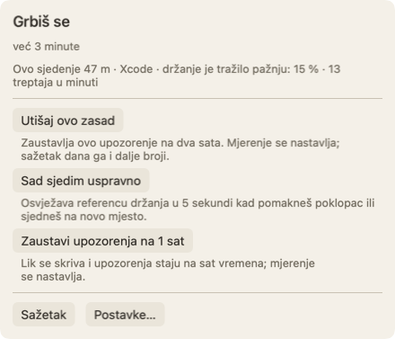 Panel koji se otvori kad pokazivač pomakneš na lik: naslov Grbiš se, već 3 minute, redak o ovom sjedenju i gumb Utišaj ovo zasad.