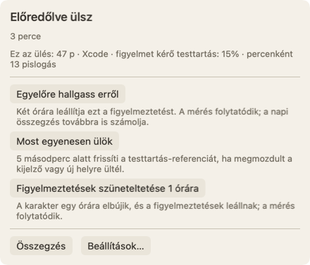 A panel, amely akkor nyílik meg, ha az egérmutatót a karakter fölé viszed: az Előredőlve ülsz, már 3 perce címsor, egy sor erről az ülésről és az Egyelőre hallgass erről gomb.