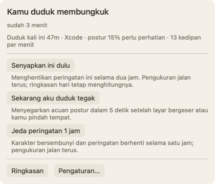 Panel yang terbuka saat kamu menggerakkan penunjuk ke atas karakter: judul Kamu duduk membungkuk, sudah 3 menit, satu baris tentang duduk kali ini, dan tombol Senyapkan ini dulu.
