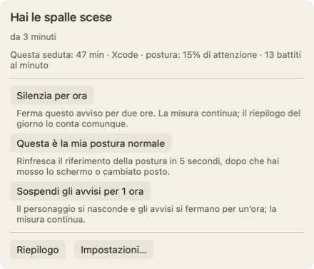 Il pannello che si apre quando passi il puntatore sul personaggio: il titolo Hai le spalle scese, sotto da 3 minuti, una riga su questa seduta e il pulsante Silenzia per ora.