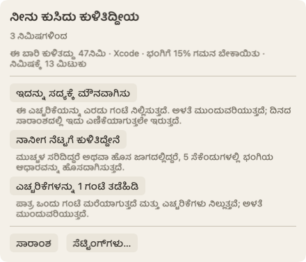 ಪಾತ್ರದ ಮೇಲೆ ಪಾಯಿಂಟರ್ ತಂದಾಗ ತೆರೆಯುವ ಫಲಕ: ನೀನು ಕುಸಿದು ಕುಳಿತಿದ್ದೀಯ, 3 ನಿಮಿಷ ಆಯಿತು ಎಂಬ ಶೀರ್ಷಿಕೆ, ಈ ಬಾರಿ ಕುಳಿತದ್ದರ ಬಗ್ಗೆ ಒಂದು ಸಾಲು, ಮತ್ತು ಇದನ್ನು ಸದ್ಯಕ್ಕೆ ಮೌನವಾಗಿಸು ಬಟನ್.