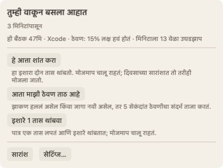 पात्रावर पॉइंटर नेल्यावर उघडणारं पॅनल: शीर्षक तुम्ही वाकून बसला आहात, 3 मिनिटांपासून; या बैठकीबद्दल एक ओळ; आणि हे आत्ता शांत करा हे बटण.