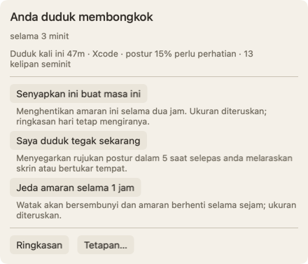 Panel yang terbuka apabila anda menggerakkan penuding ke atas watak: tajuk Anda duduk membongkok selama 3 minit, satu baris tentang duduk kali ini, dan butang Senyapkan ini buat masa ini.
