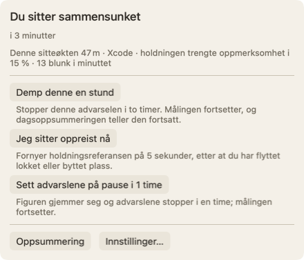 Panelet som åpner seg når du flytter pekeren over figuren: overskriften Du sitter sammensunket i 3 minutter, en linje om denne sitteøkten og knappen Demp denne en stund.