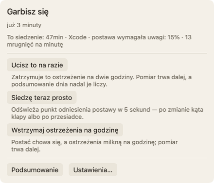Panel, który otwiera się, kiedy przesuniesz kursor na postać: nagłówek Garbisz się, już 3 minuty, wiersz o tym siedzeniu i przycisk Ucisz to na razie.