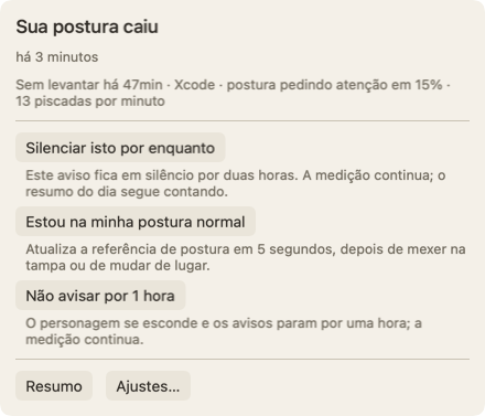 O painel que abre quando você move o cursor sobre o personagem: o título Sua postura caiu há 3 minutos, uma linha sobre o tempo sem levantar e o botão Silenciar isto por enquanto.