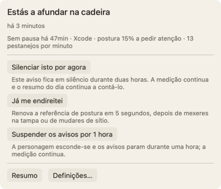 O painel que abre quando moves o cursor sobre a personagem: o título Estás a afundar na cadeira há 3 minutos, uma linha sobre o tempo sem pausa, e o botão Silenciar isto por agora.