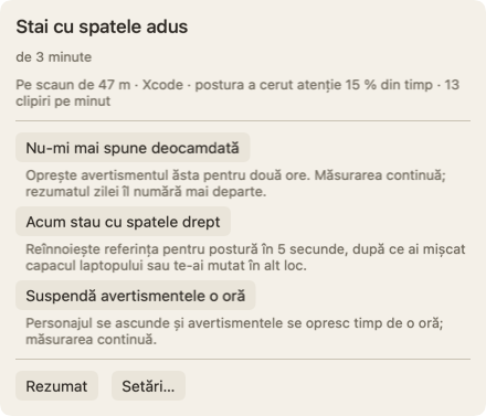 Panoul care se deschide când duci cursorul peste personaj: titlul Stai cu spatele adus, de 3 minute, un rând despre cât stai pe scaun și butonul Nu-mi mai spune deocamdată.