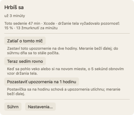 Panel, ktorý sa otvorí, keď na postavičku ukážeš myšou: nadpis Hrbíš sa, už 3 minúty, riadok o tomto sedení a tlačidlo Zatiaľ o tomto mlč.