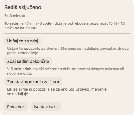 Plošča, ki se odpre, ko kazalec premakneš na lik: naslov Sediš sključeno že 3 minute, vrstica o tem sedenju in gumb Utišaj to za zdaj.